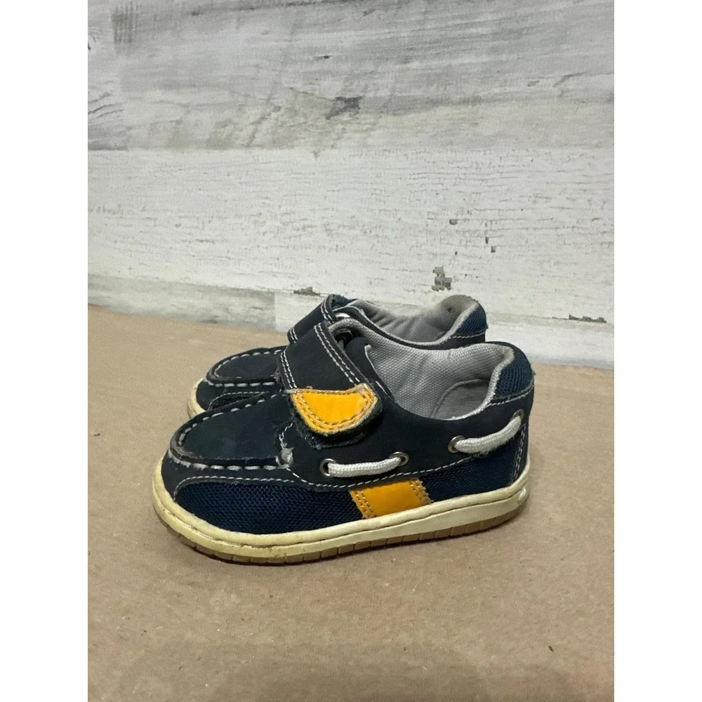 Jumping Jack‎ Boat Shoes Boys 5.5W Navy Yellow Hook Loop Loafers Wide